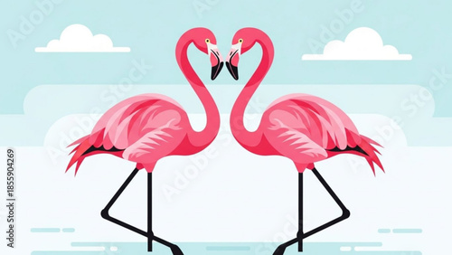 Two pink flamingos standing in water forming heart shape with necks under light blue sky with white clouds