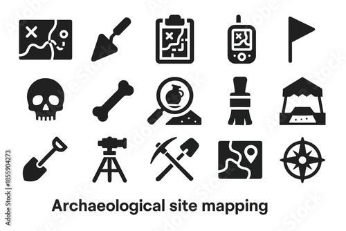 Archaeological site mapping icons: tools, maps, and artifacts