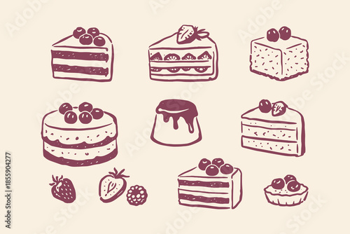 Dessert set cakes and berries doodle line art vector illustration