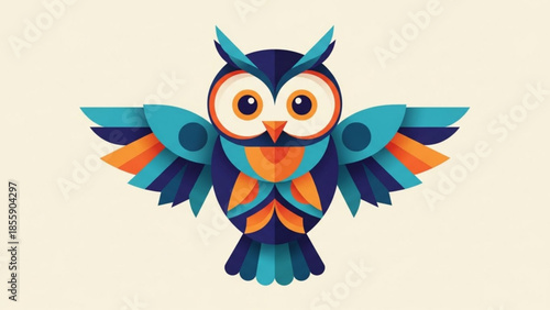 Colorful owl with large eyes and wings spread wide on beige background