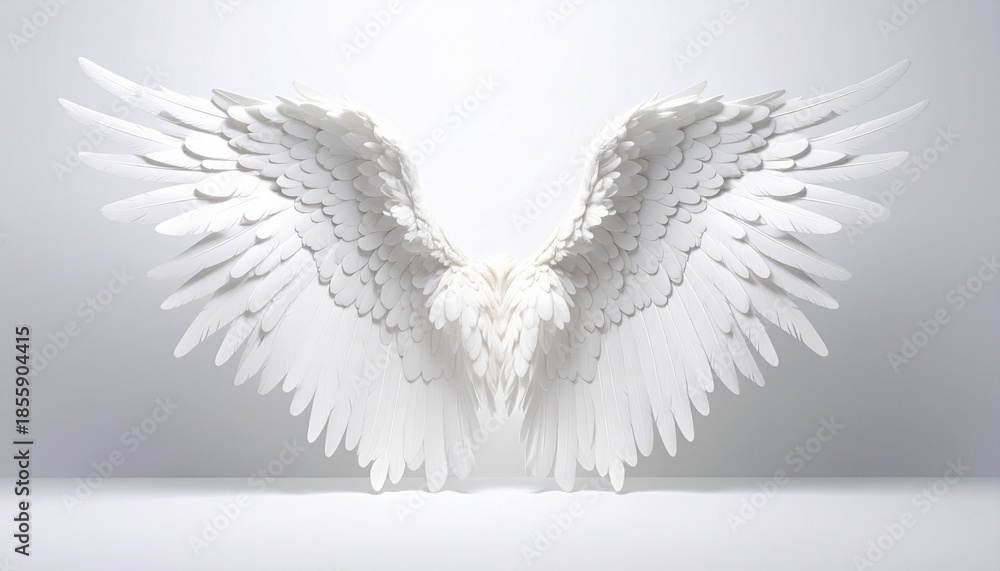 Fototapeta premium White feathered wings spread open symmetrically on plain white background, layered and three-dimensional.