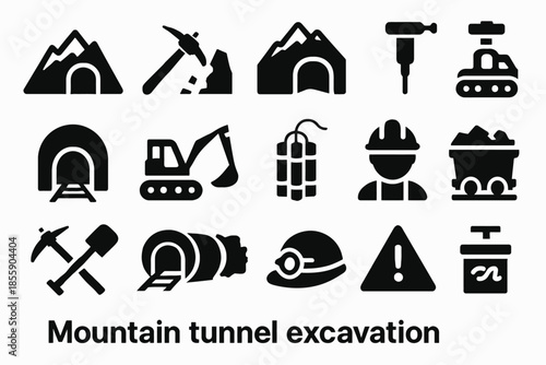 Mountain tunnel excavation icons: tools, equipment, construction workers
