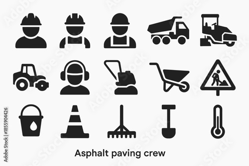 Asphalt paving crew icons: construction equipment and safety symbols
