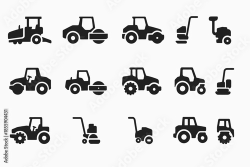 Collection of construction and agriculture heavy machinery icons