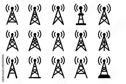 Set of communication tower icons in black and white design