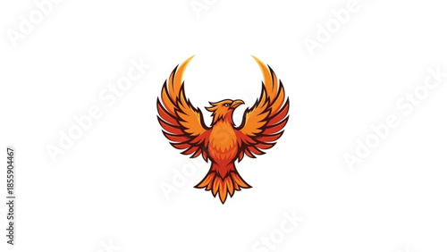 Vibrant orange phoenix bird spreading wings on white background, mythical creature symbolizing rebirth