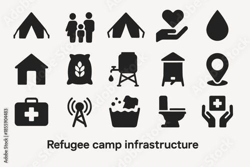 Icon set representing refugee camp infrastructure essentials