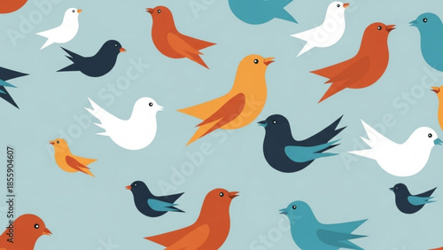 Colorful illustration of various birds in flight on light blue background, multiple species and colors