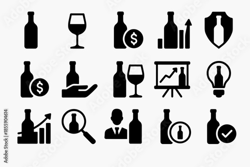 Wine business icons set: bottles, sales, growth, and marketing symbols