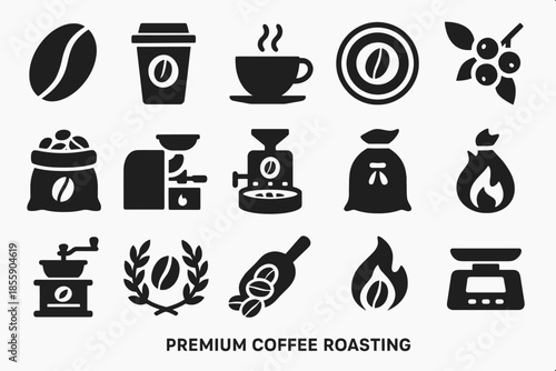 Premium coffee roasting icons: beans, cup, grinder, and more