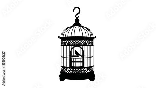 Ornate birdcage with a small bird inside, black silhouette on white background