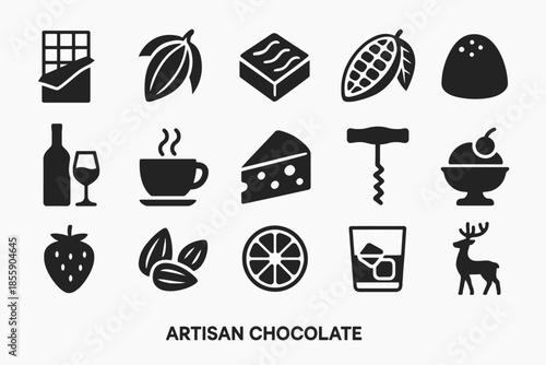 Artisan chocolate icons: dessert, drink, and gourmet symbols