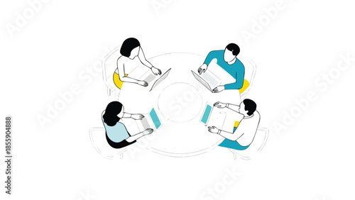 Flat illustration featuring professionals seated around a table working on laptops and documents in a collaborative meeting setting