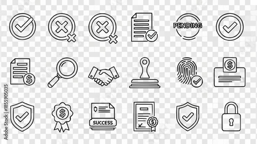 Collection of icons representing verification approval and security elements.