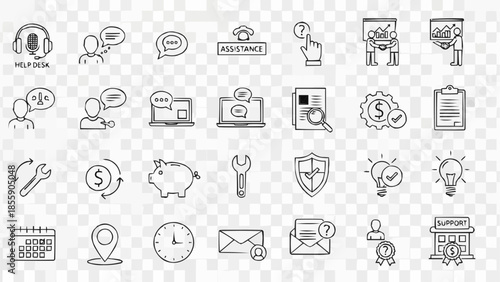 Collection of Hand Drawn Business and Finance Icons and Symbols.