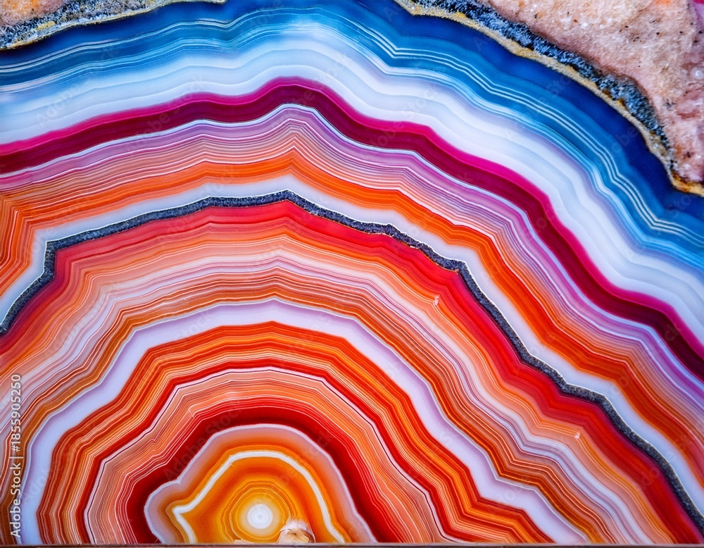 Fototapeta close up of colorful agate stone with concentric banding in vibrant shades of orange red blue purple and white for editorial geology photography jewelry design and natural mineral themed visuals