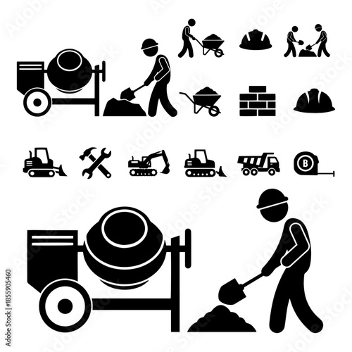 labor working, work ,  Cement Mixer solid icons set