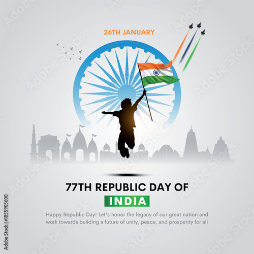 26 January Happy Republic Day Background Design Template Illustration, 77th Indian Republic Day for poster, banner, card.