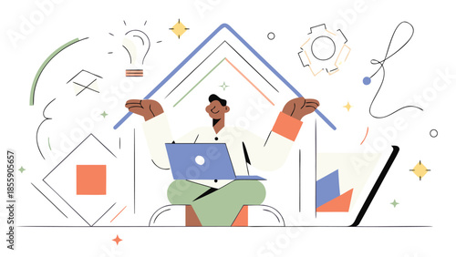 Confident professional man working on laptop with creative design elements around him in a modern flat illustration style