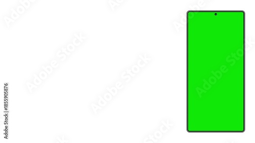 A vertical modern smartphone with a bright green screen stands isolated on a clean white background, ready for chroma key replacement and digital content display.