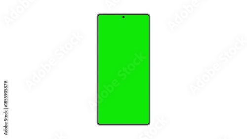 Modern vertical smartphone mockup with a green screen display for chroma key replacement, isolated on a clean white background, perfect for app promotion or digital content template.