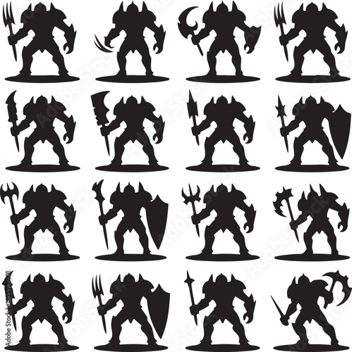 Collection of fantasy warrior silhouettes with various weapons isolated