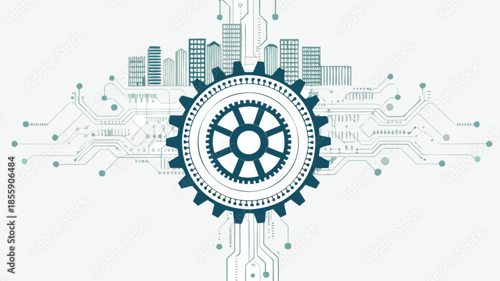 Obraz premium Flat illustration showing a layered circuit board with gear and cityscape in background, representing technology and innovation