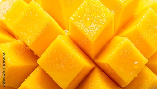 Close-up of a perfectly diced, ripe, yellow fruit, showcasing its juicy texture and vibrant color. Water droplets sparkle on the surface