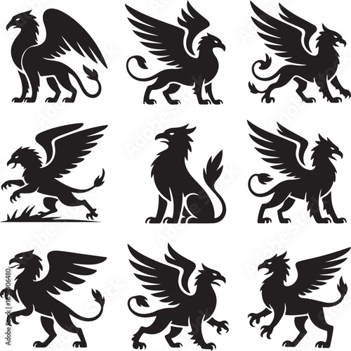 Nine mythical griffin silhouettes in various poses and styles