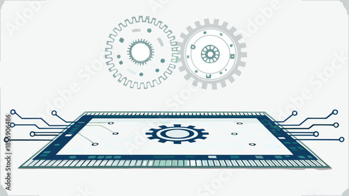 Flat illustration showing a layered futuristic circuit board with gear mechanism and microchip components on a white background