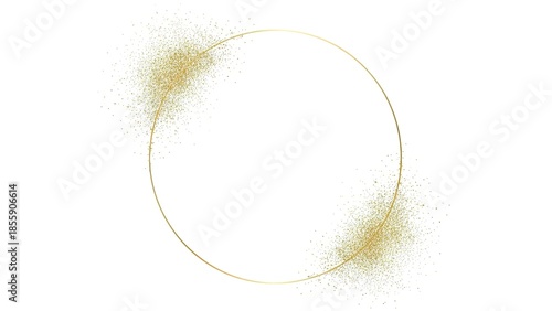 A golden circular frame with sparkling dust and glitter on a clean white background, perfect for elegant design.