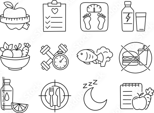 Diet icons set for weight loss and healthy lifestyle. Outline vector illustration