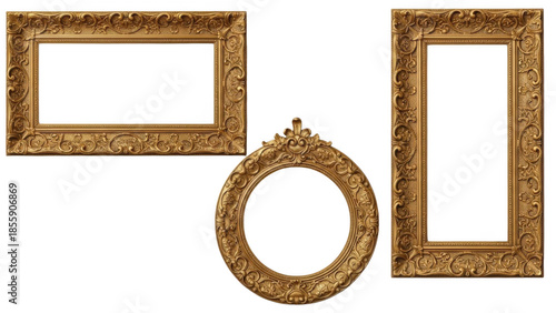 Set of Three Ornate Antique Gold Picture Frames in Rectangular and Oval Shapes with Intricate Baroque Carvings Isolated on White Background