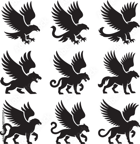 Collection of mythical griffin and eagle creature silhouettes isolated