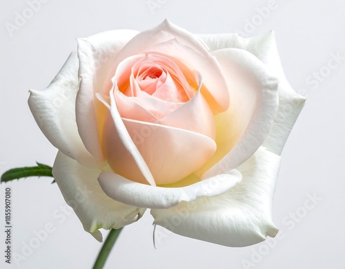 Close-up of a perfectly formed, open blossom. Pale pink and white petals create a soft, inviting aesthetic, centered on a light background