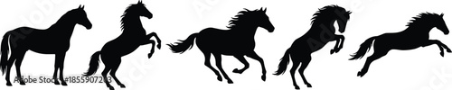 Black horse silhouettes set in different poses including standing, rearing, running, and jumping, isolated on a white background for equine design. (Exactly 22 words)