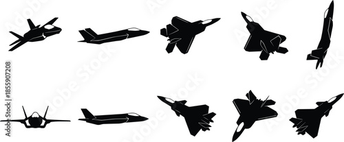 Collection of black fighter jet silhouettes in various flight angles including top view, side profile, and front view on white. (Exactly 20 words)