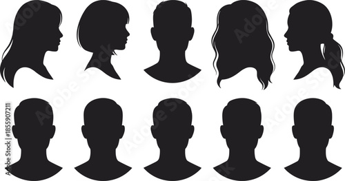 Collection of male and female head silhouettes, including side profile views and front face portraits with diverse hairstyles, isolated on white. (Exactly 20 words)