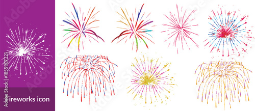 Fireworks on white background, fireworks clipart no background, icon, vector, illustration for Xmas, new year, holiday, birthday, anniversary, victory, party, carnival, 4th of July, printable banner