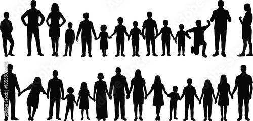 Large collection of family silhouettes with parents and children holding hands standing together in rows for community and unity concept