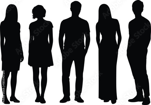 Group of diverse young men and women standing in casual poses, black silhouettes of people isolated on a white background