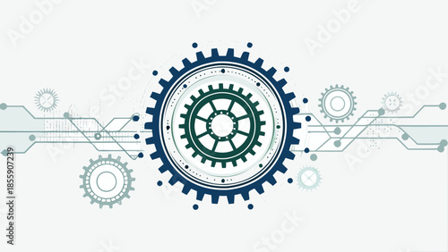 Flat illustration showing an abstract futuristic city with gear mechanism and circuit board design elements on white background