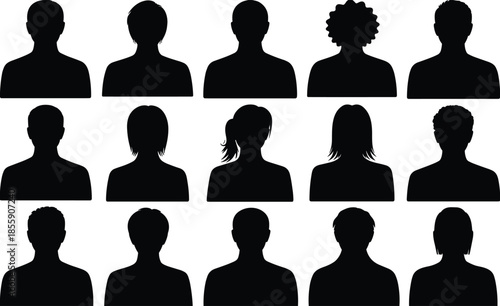 Set of diverse people avatar silhouettes, black profile icons for social media, community members and user account placeholders on white background