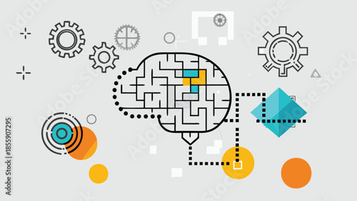 Flat illustration showing a maze like geometric brain with colorful shapes and gears on a light gray background for business and technology