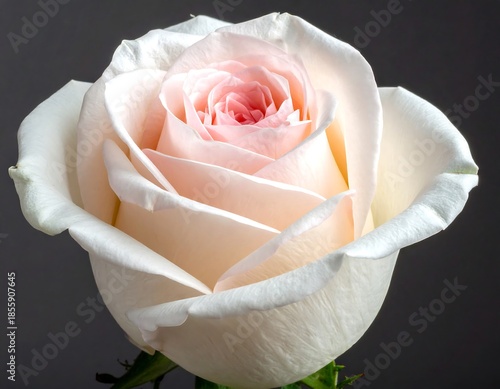 Close-up of a perfectly formed, open flower. Petals transition from soft pink to creamy white, set against a dark grey backdrop