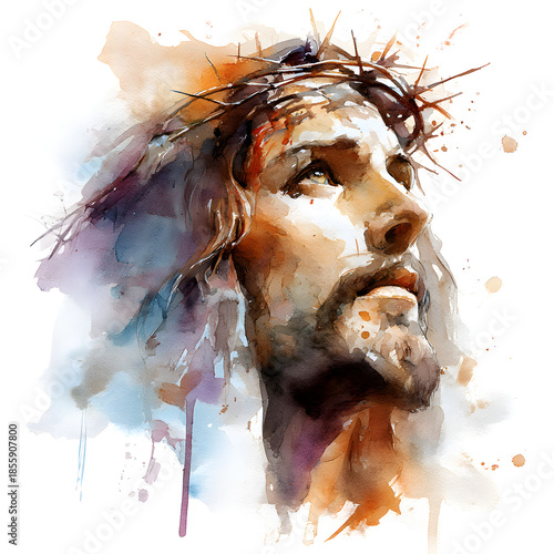 A man is depicted with a crown of thorns on his head. His face shows deep thought and emotion. The background includes flowing colors and textures that enhance the scene's mood.