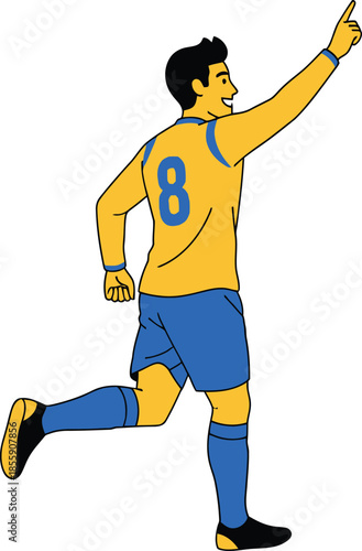 Cartoon Soccer Player in Yellow Jersey #8 – Celebration Pose with Raised Arm and Blue Shorts