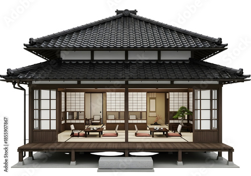 Traditional japanese house with tiled roof isolated on transparent background