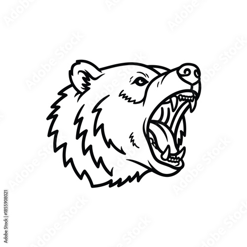 A black and white illustration of a snarling bear's head with its mouth open and teeth bared in a fierce expression