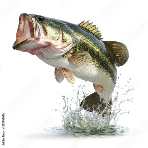 Largemouth bass jumping out of water with dynamic splash, realistic high detail illustration on white background for fishing, sport and outdoor concepts
